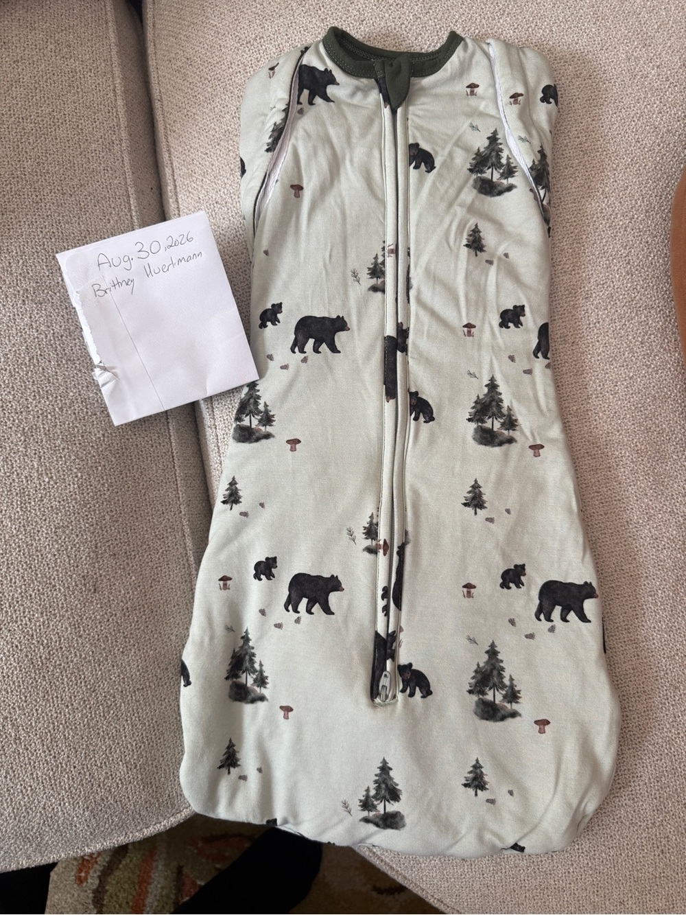 Belan J. Bear-Print Sleep Sack in Soft Sage Green